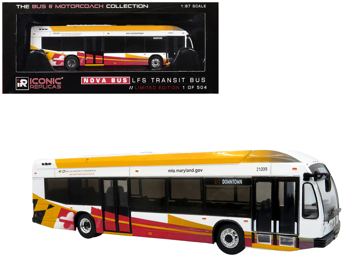 Nova Bus LFSH Hybrid Transit Bus "MTA Maryland" White with Red and Yellow Graphics "The Bus & Motorcoach Collection" Limited Edition to 504 pieces Worldwide 1/87 (HO) Diecast Model