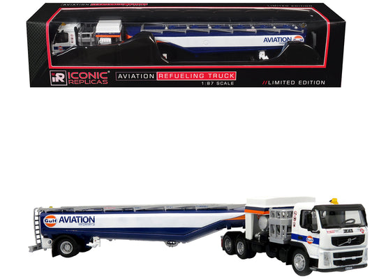 Volvo FM500 with Esterer Aviation Refueling Tanker Truck "Gulf Aviation" White with Blue Stripes Limited Edition 1/87 (HO) Diecast Model