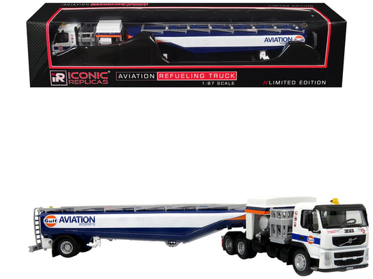 Volvo FM500 with Esterer Aviation Refueling Tanker Truck "Gulf Aviation" White with Blue Stripes Limited Edition 1/87 (HO) Diecast Model