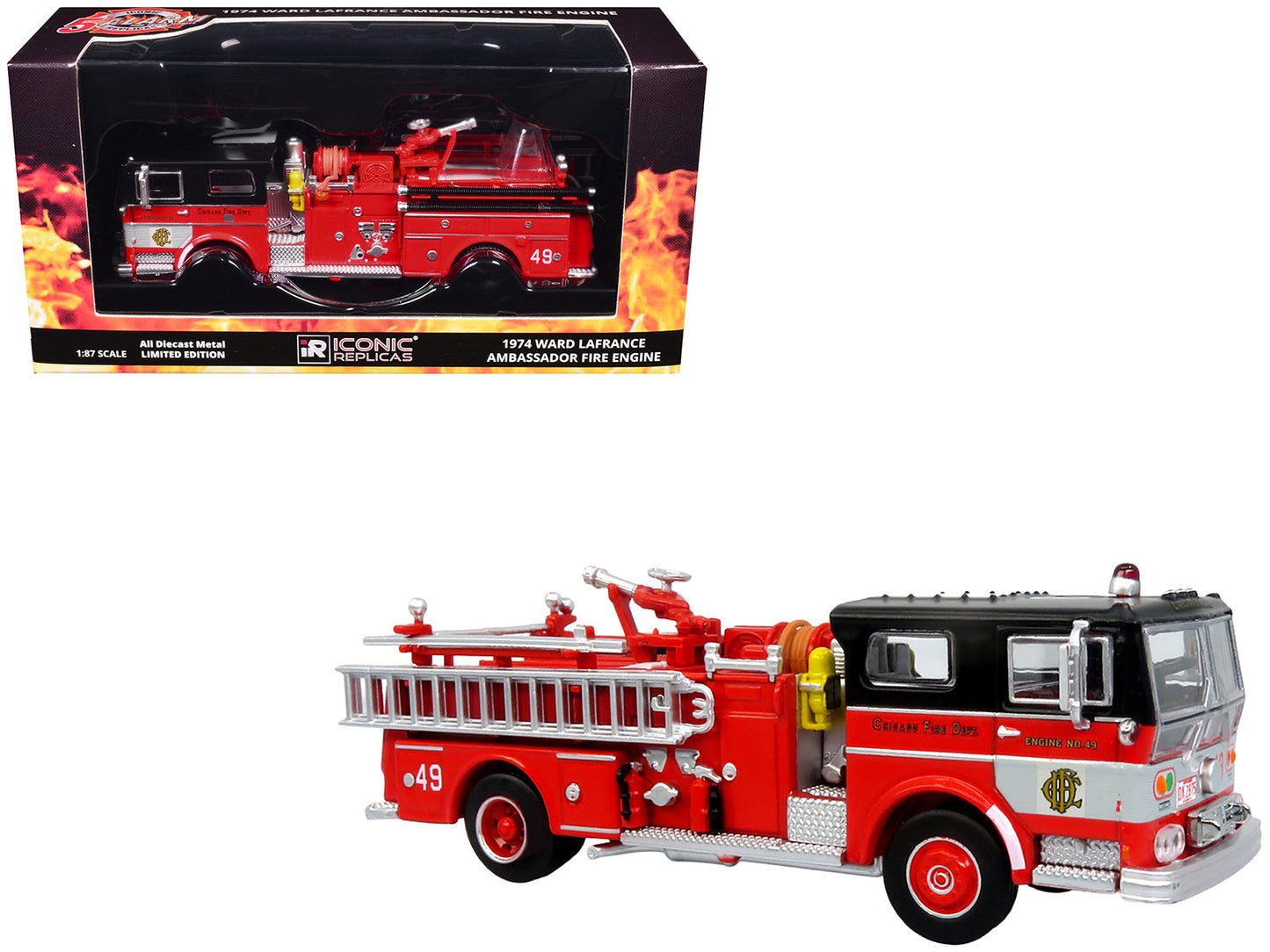 1974 Ward LaFrance Fire Engine "Chicago Fire Department - Engine 49" Red with Black Top "5 Alarm" Series Limited Edition 1/87 (HO) Diecast Model