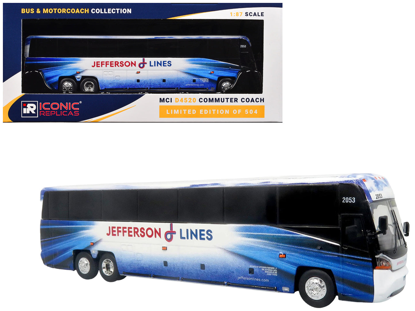 MCI D4520 Commuter Coach Bus "Jefferson Lines" White with Blue Graphics "The Bus & Motorcoach Collection" Limited Edition to 504 pieces Worldwide 1/87 (HO) Scale Diecast Model