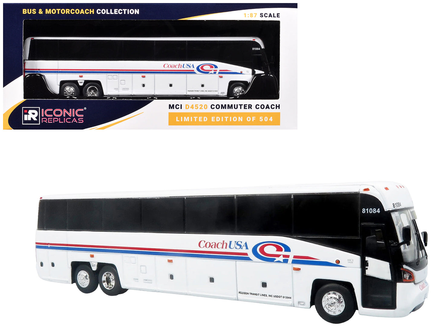 MCI D4520 Commuter Coach Bus "Coach USA" White with Blue and Red Stripes "The Bus & Motorcoach Collection" Limited Edition to 504 pieces Worldwide 1/87 (HO) Scale Diecast Model
