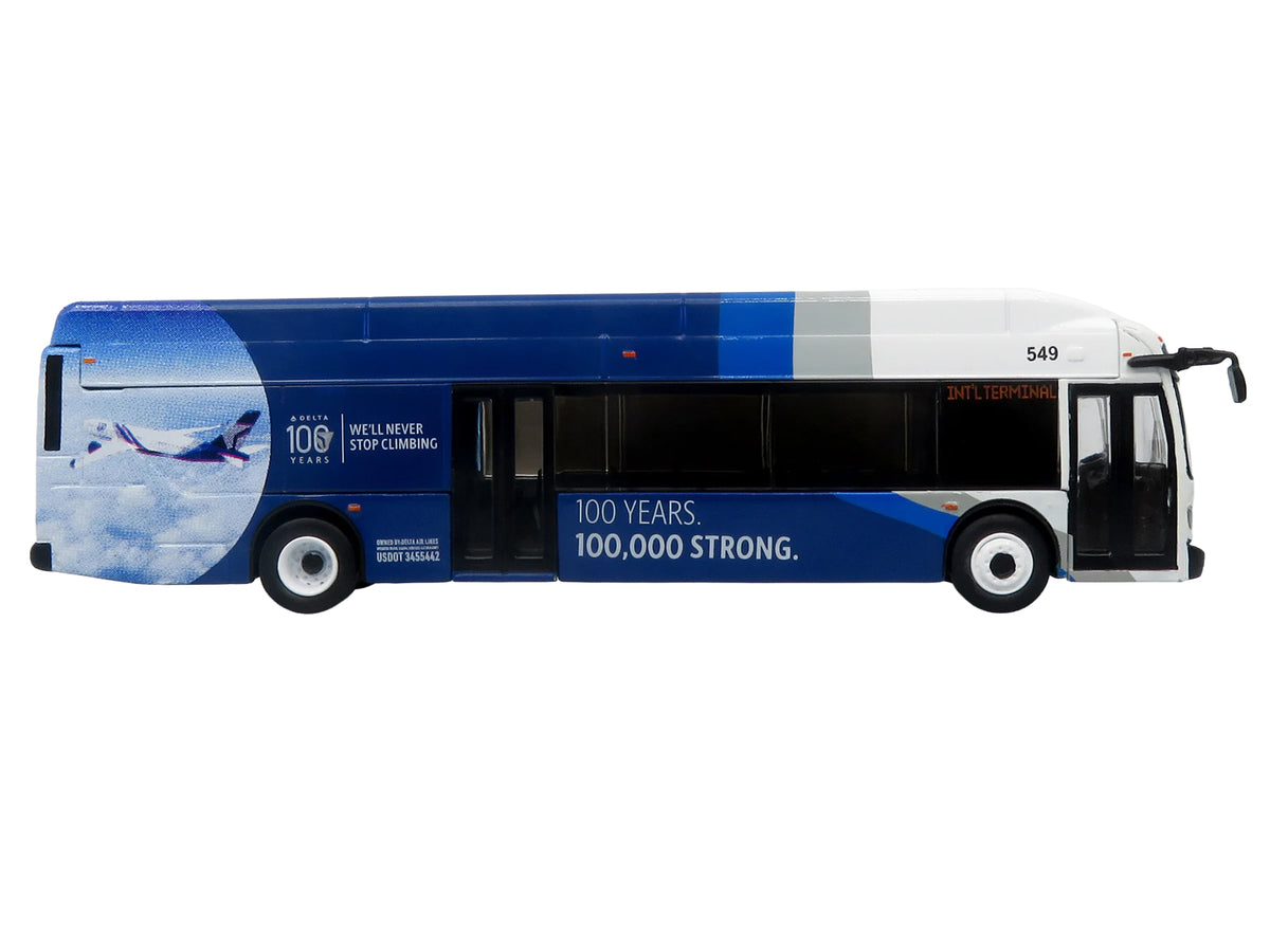 New Flyer Xcelsior XN40 Transit Bus "Delta Air Lines 100th Anniversary" Blue and White with Graphics "The Bus & Motorcoach Collection" Limited Edition 1/87 (HO) Scale Diecast Model