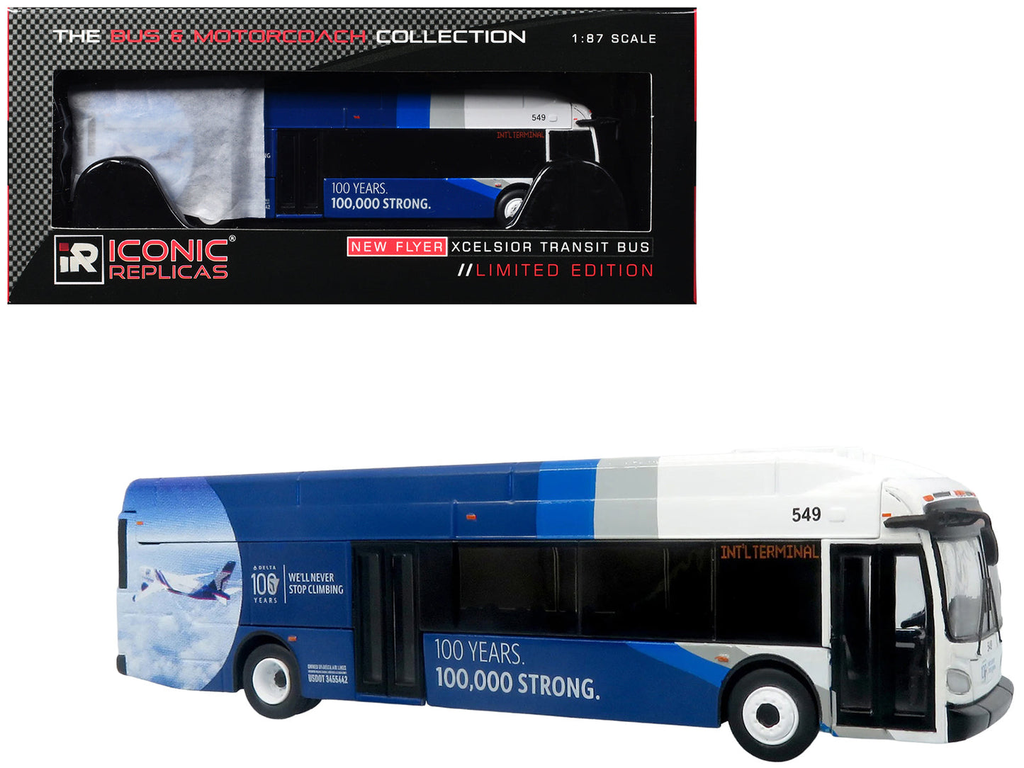 New Flyer Xcelsior XN40 Transit Bus "Delta Air Lines 100th Anniversary" Blue and White with Graphics "The Bus & Motorcoach Collection" Limited Edition 1/87 (HO) Scale Diecast Model