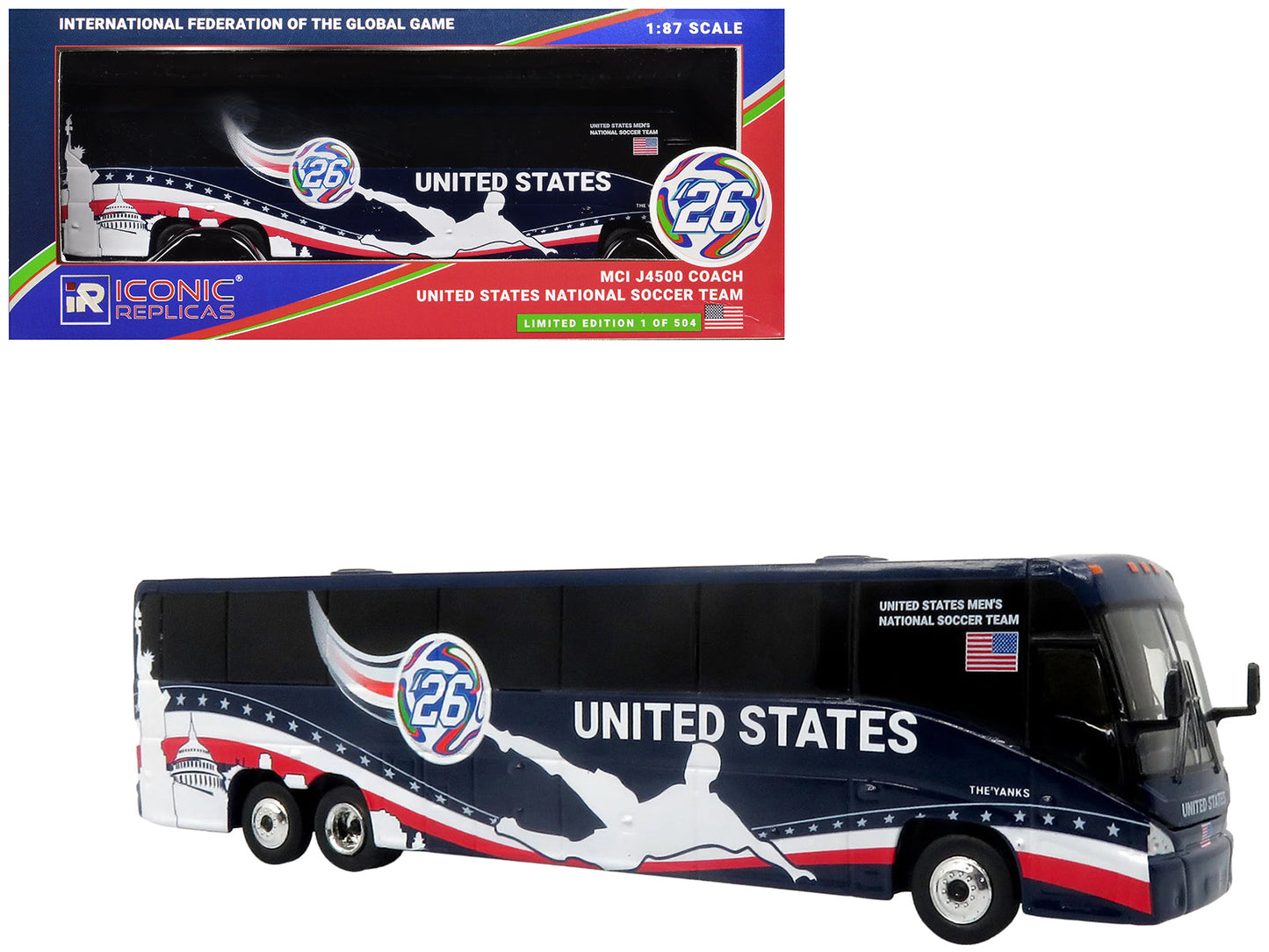 MCI J4500 Coach Bus "United States National Soccer Team" Dark Blue with Graphics "International Federation of the Global Game" Series Limited Edition to 504 pieces Worldwide 1/87 (HO) Diecast Model
