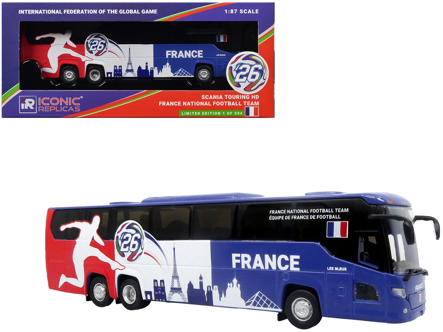 Scania Touring HD Coach Bus "France National Football Team" Blue with Graphics "International Federation of the Global Game" Series Limited Edition to 504 pieces Worldwide 1/87 (HO) Diecast Model