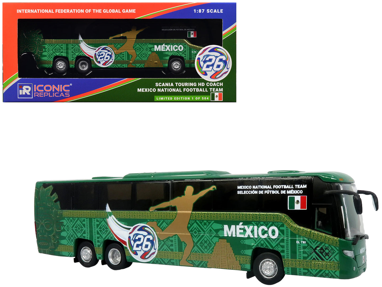 Scania Touring HD Coach Bus "Mexico National Football Team" Green with Graphics "International Federation of the Global Game" Series Limited Edition to 504 pieces Worldwide 1/87 (HO) Diecast Model