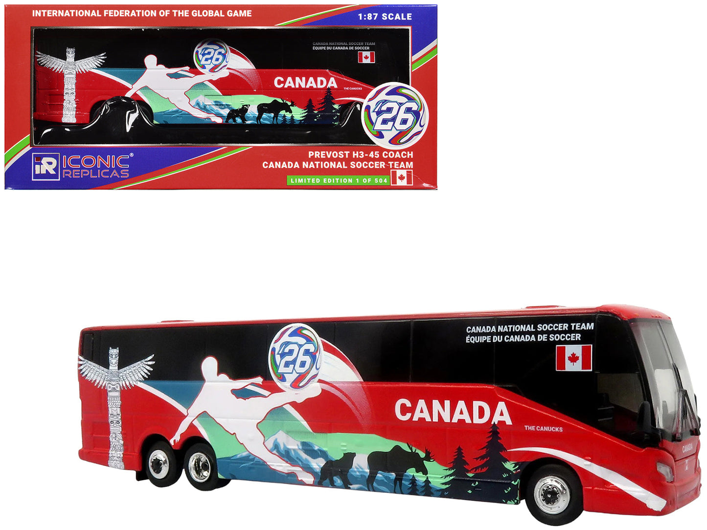 Prevost H3-45 Coach Bus "Canada National Soccer Team" Red with Graphics "International Federation of the Global Game" Series Limited Edition to 504 pieces Worldwide 1/87 (HO) Diecast Model
