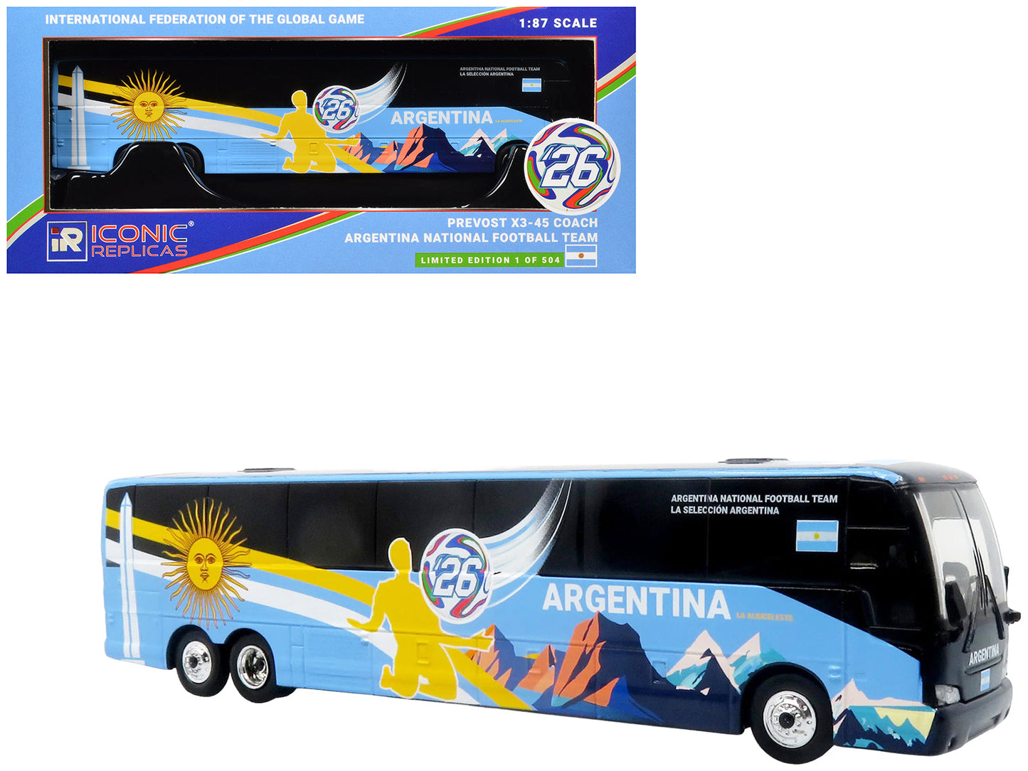 Prevost X3-45 Coach Bus "Argentina National Football Team" Blue with Graphics "International Federation of the Global Game" Series Limited Edition to 504 pieces Worldwide 1/87 (HO) Diecast Model