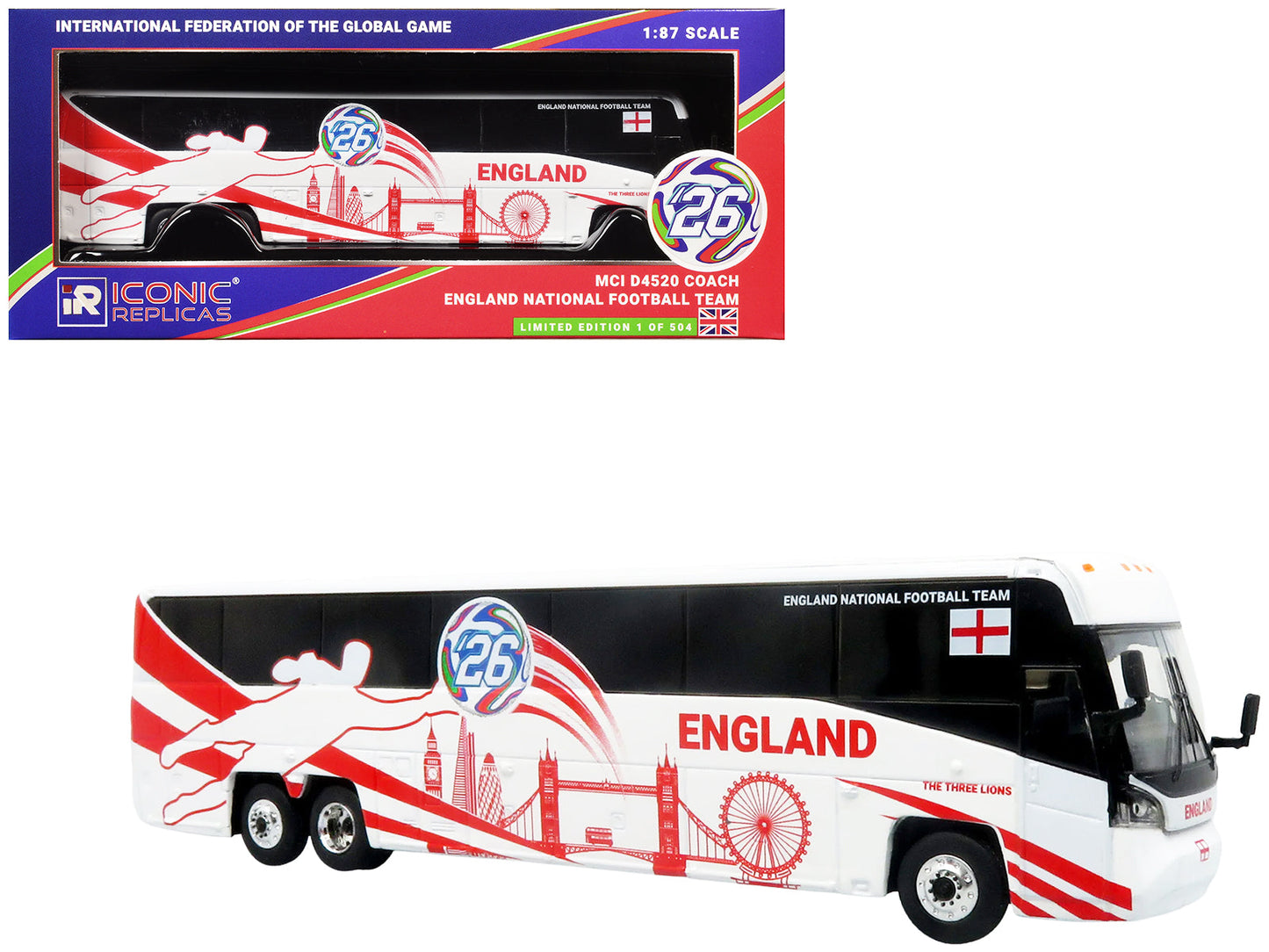 MCI D4520 Coach Bus "England National Football Team" White with Graphics "International Federation of the Global Game" Series Limited Edition to 504 pieces Worldwide 1/87 (HO) Diecast Model