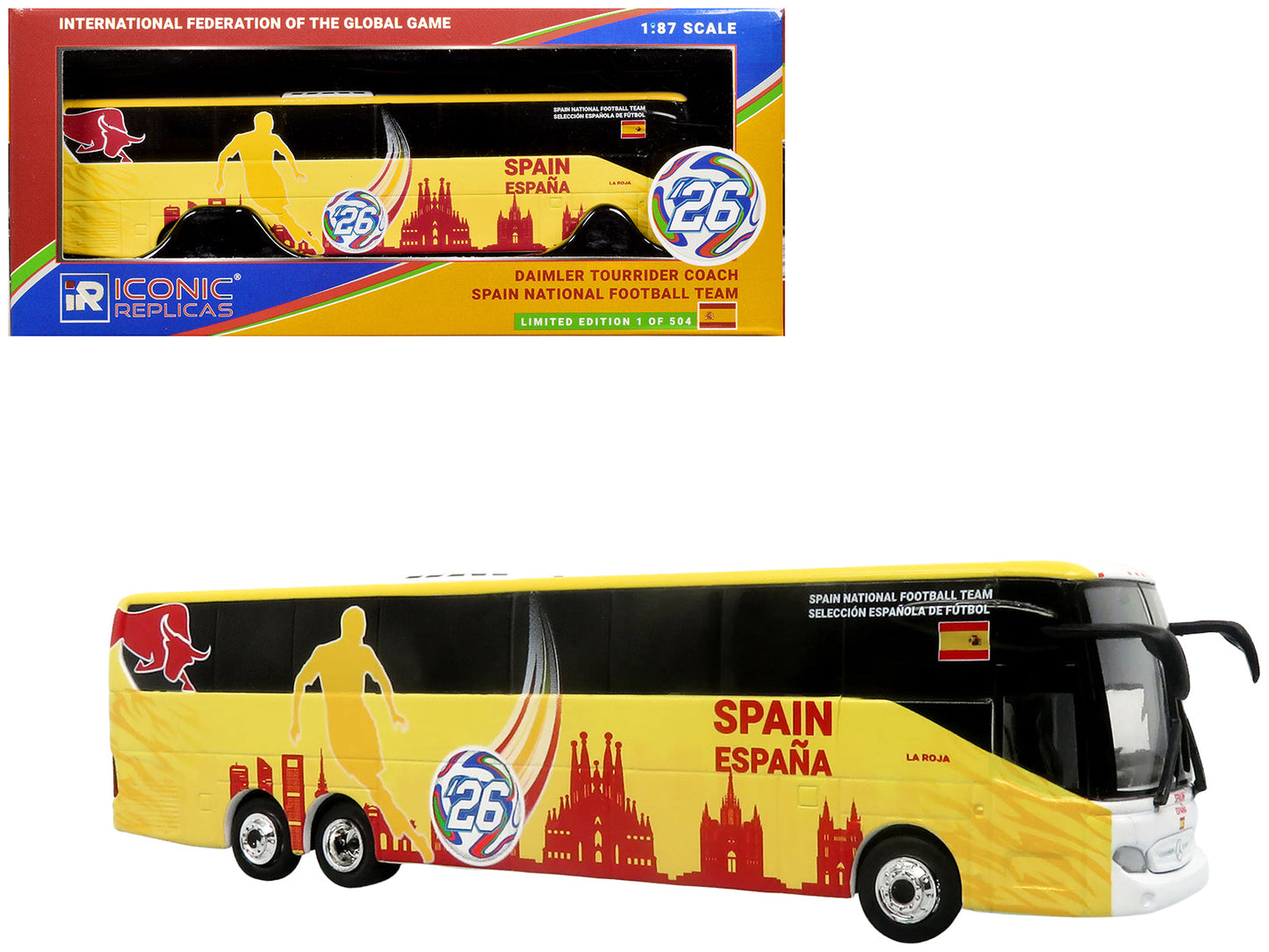 Daimler Tourrider Coach Bus "Spain National Football Team" Yellow with Graphics "International Federation of the Global Game" Series Limited Edition to 504 pieces Worldwide 1/87 (HO) Diecast Model