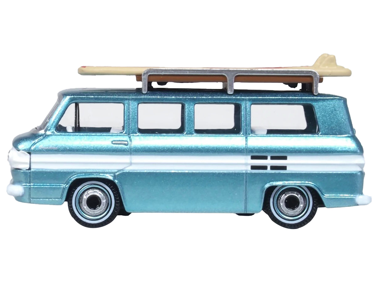 1961 Chevrolet Corvair Greenbrier Passenger Wagon Van Turquoise Metallic and Cameo White with Surfboards on Roof 1/87 (HO) Scale Diecast Model Car