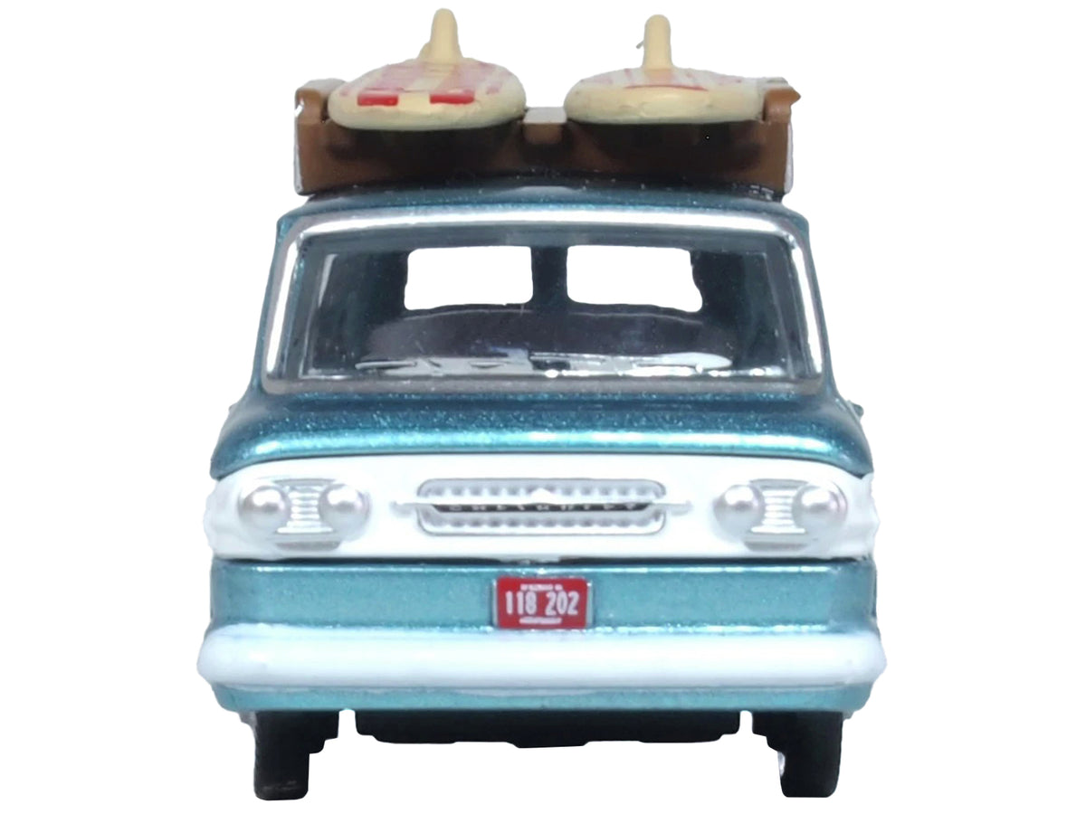 1961 Chevrolet Corvair Greenbrier Passenger Wagon Van Turquoise Metallic and Cameo White with Surfboards on Roof 1/87 (HO) Scale Diecast Model Car
