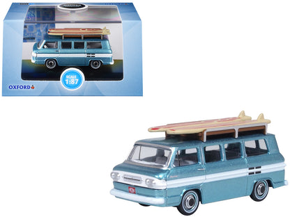 1961 Chevrolet Corvair Greenbrier Passenger Wagon Van Turquoise Metallic and Cameo White with Surfboards on Roof 1/87 (HO) Scale Diecast Model Car