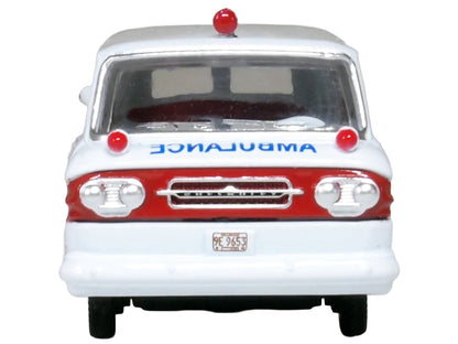 1962 Chevrolet Corvair Greenbrier AmbleWagon Ambulance White with Red Stripes 1/87 (HO) Scale Diecast Model Car