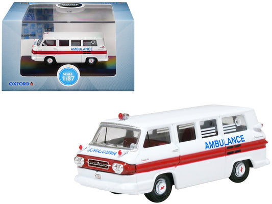 1962 Chevrolet Corvair Greenbrier AmbleWagon Ambulance White with Red Stripes 1/87 (HO) Scale Diecast Model Car