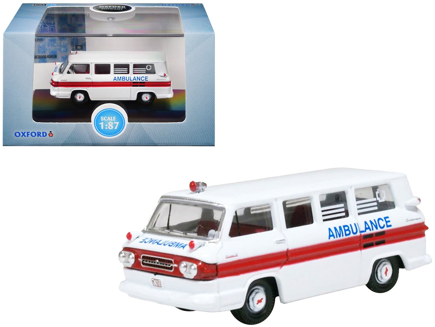 1962 Chevrolet Corvair Greenbrier AmbleWagon Ambulance White with Red Stripes 1/87 (HO) Scale Diecast Model Car
