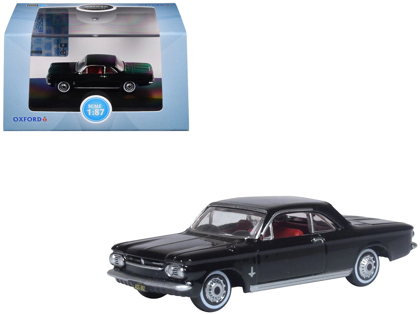 1963 Chevrolet Corvair Coupe Tuxedo Black with Red Interior  1/87 (HO) Scale Diecast Model Car