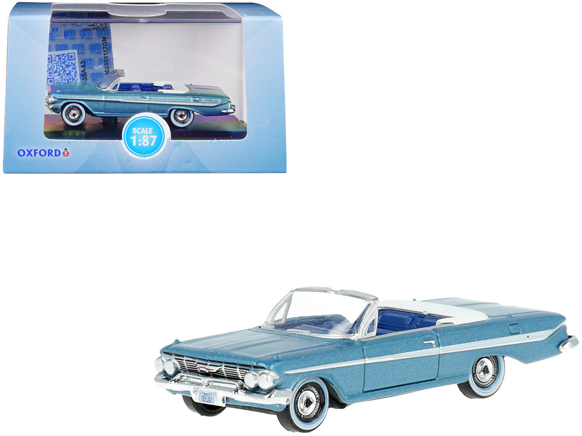 1961 Chevrolet Impala Convertible Jewel Blue Metallic and White with Blue Interior 1/87 (HO) Scale Diecast Model Car