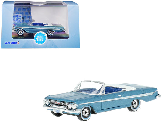 1961 Chevrolet Impala Convertible Jewel Blue Metallic and White with Blue Interior 1/87 (HO) Scale Diecast Model Car