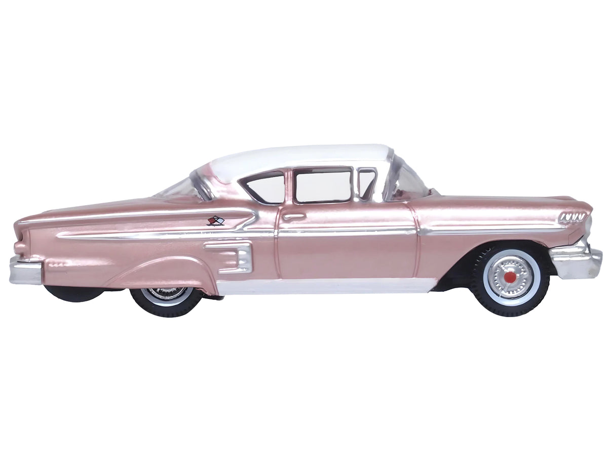 1958 Chevrolet Impala Sport Cay Coral Pink Metallic with White Top 1/87 (HO) Scale Diecast Model Car
