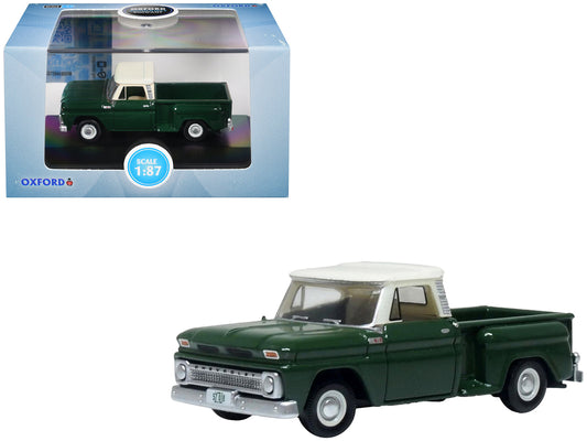 1965 Chevrolet C10 Stepside Pickup Truck Dark Green with Ivory Top 1/87 (HO) Scale Diecast Model Car