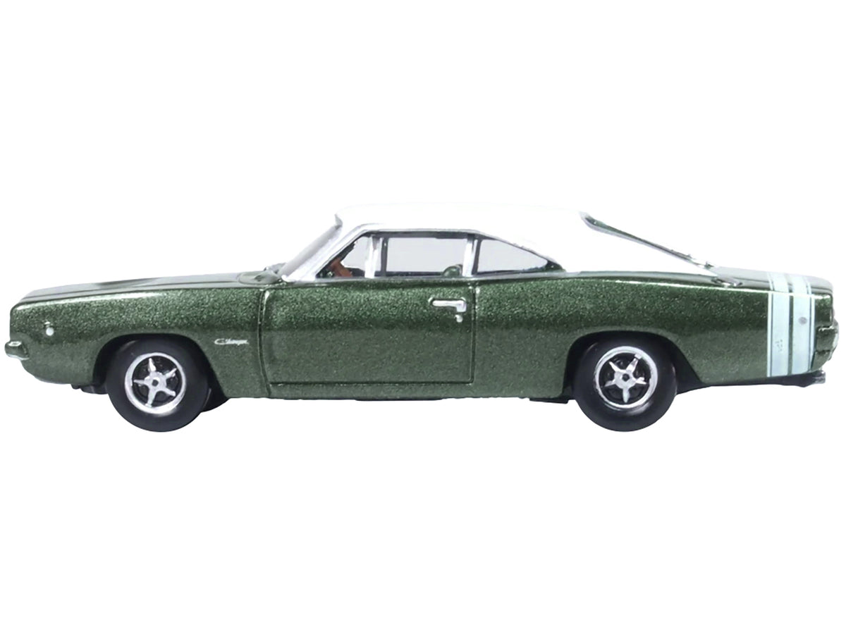 1968 Dodge Charger Racing Green Metallic with White Top and Tail Stripe 1/87 (HO) Scale Diecast Model Car