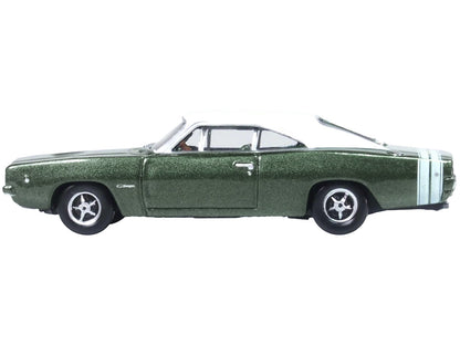 1968 Dodge Charger Racing Green Metallic with White Top and Tail Stripe 1/87 (HO) Scale Diecast Model Car