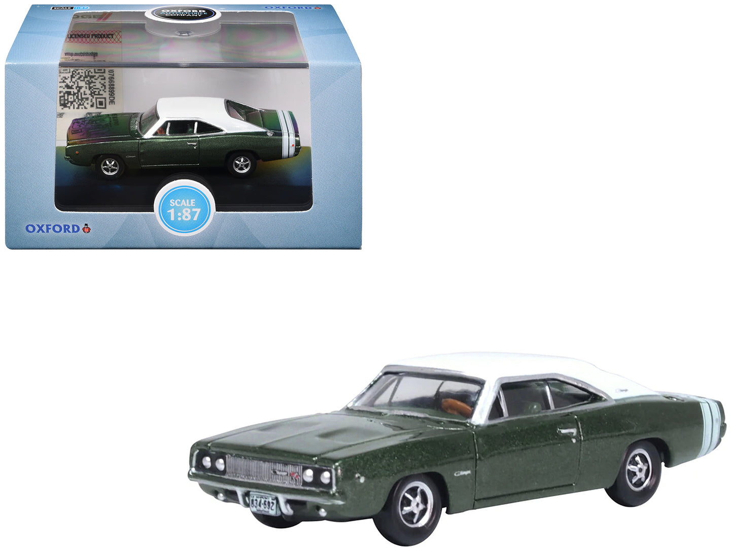 1968 Dodge Charger Racing Green Metallic with White Top and Tail Stripe 1/87 (HO) Scale Diecast Model Car