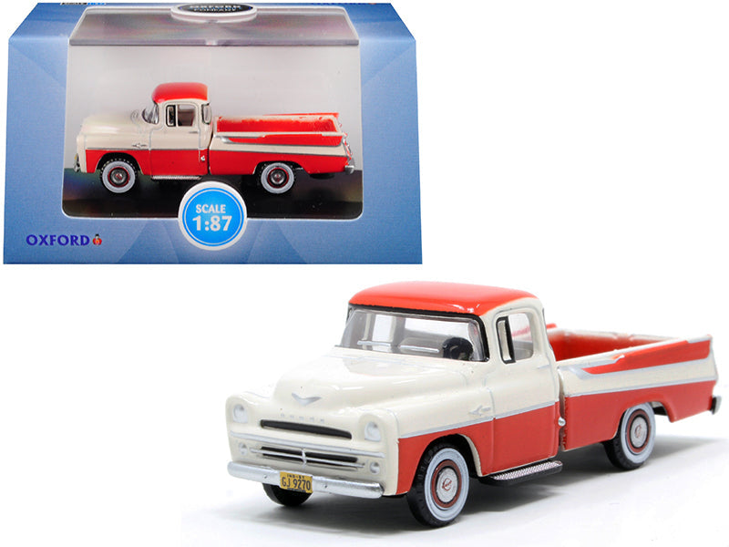 1957 Dodge D100 Sweptside Pickup Truck Tropical Coral and Glacier White 1/87 (HO) Scale Diecast Model Car