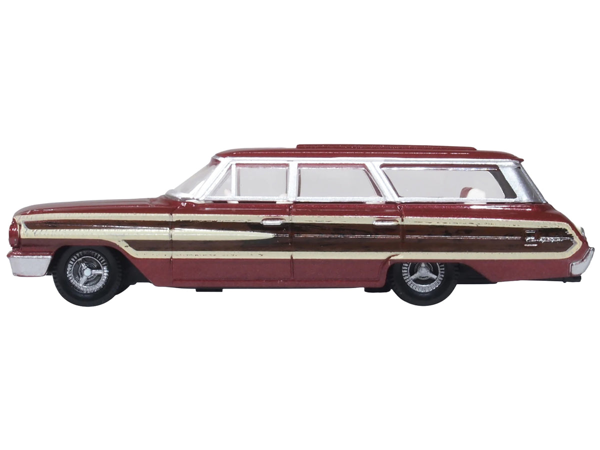 1964 Ford Country Station Wagon Squire Vintage Burgundy with Woodgrain Sides and White Interior 1/87 (HO) Scale Diecast Model Car
