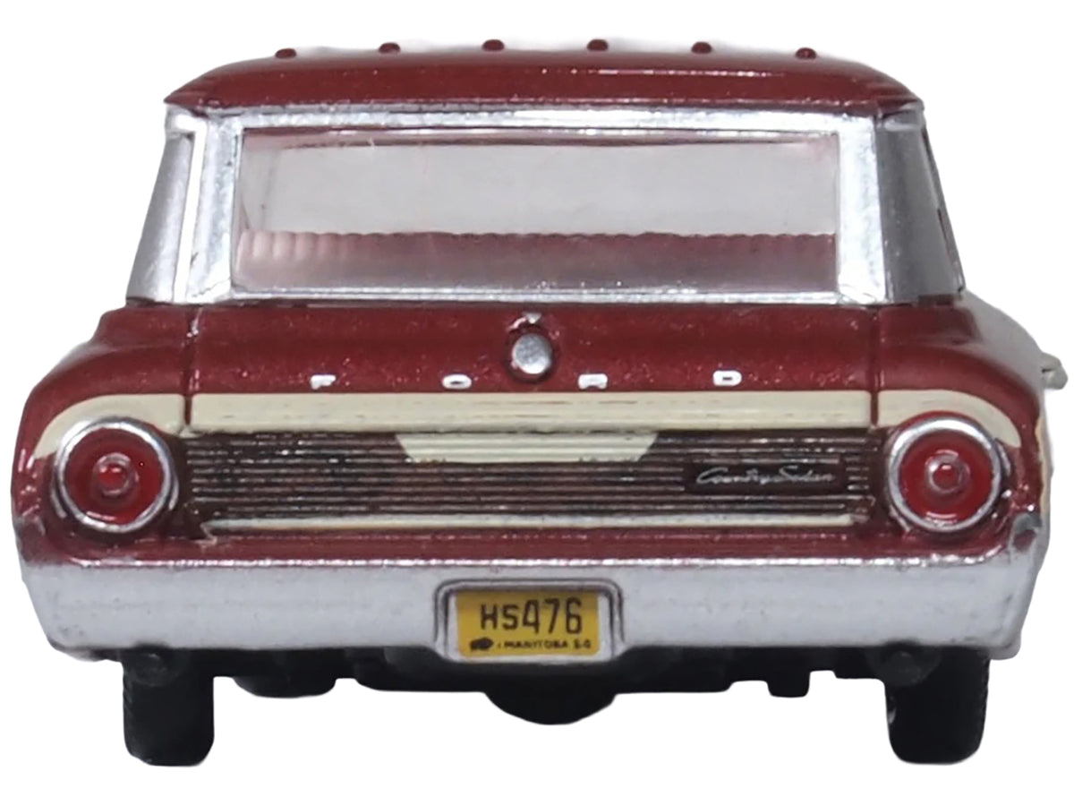 1964 Ford Country Station Wagon Squire Vintage Burgundy with Woodgrain Sides and White Interior 1/87 (HO) Scale Diecast Model Car