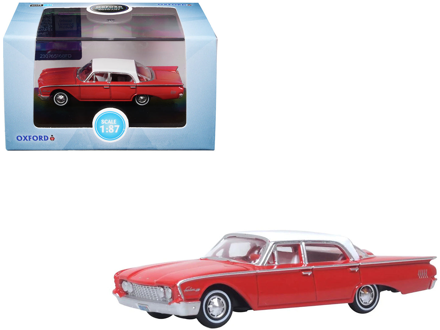 1960 Ford Fairlane Sedan 500 Monte Carlo Red with Corinthian White Top and Interior 1/87 (HO) Scale Diecast Model Car
