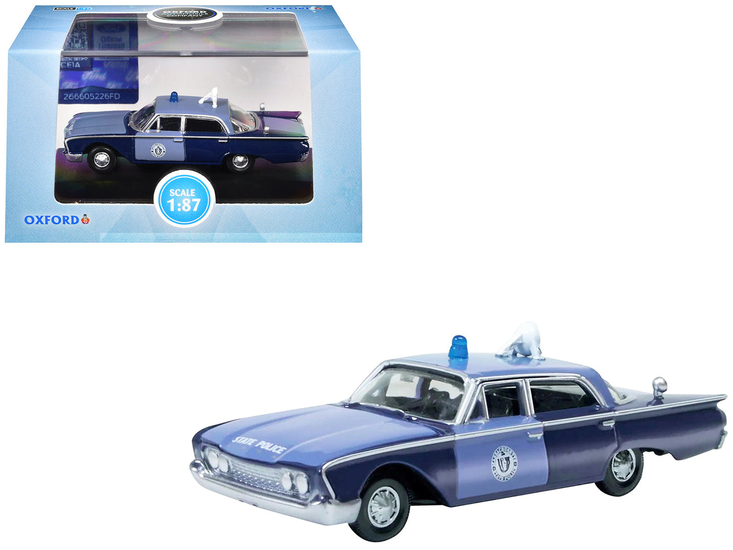 1960 Ford Fairlane Sedan "Massachusetts State Police Radar Car" Blue Two-Tone 1/87 (HO) Scale Diecast Model Car