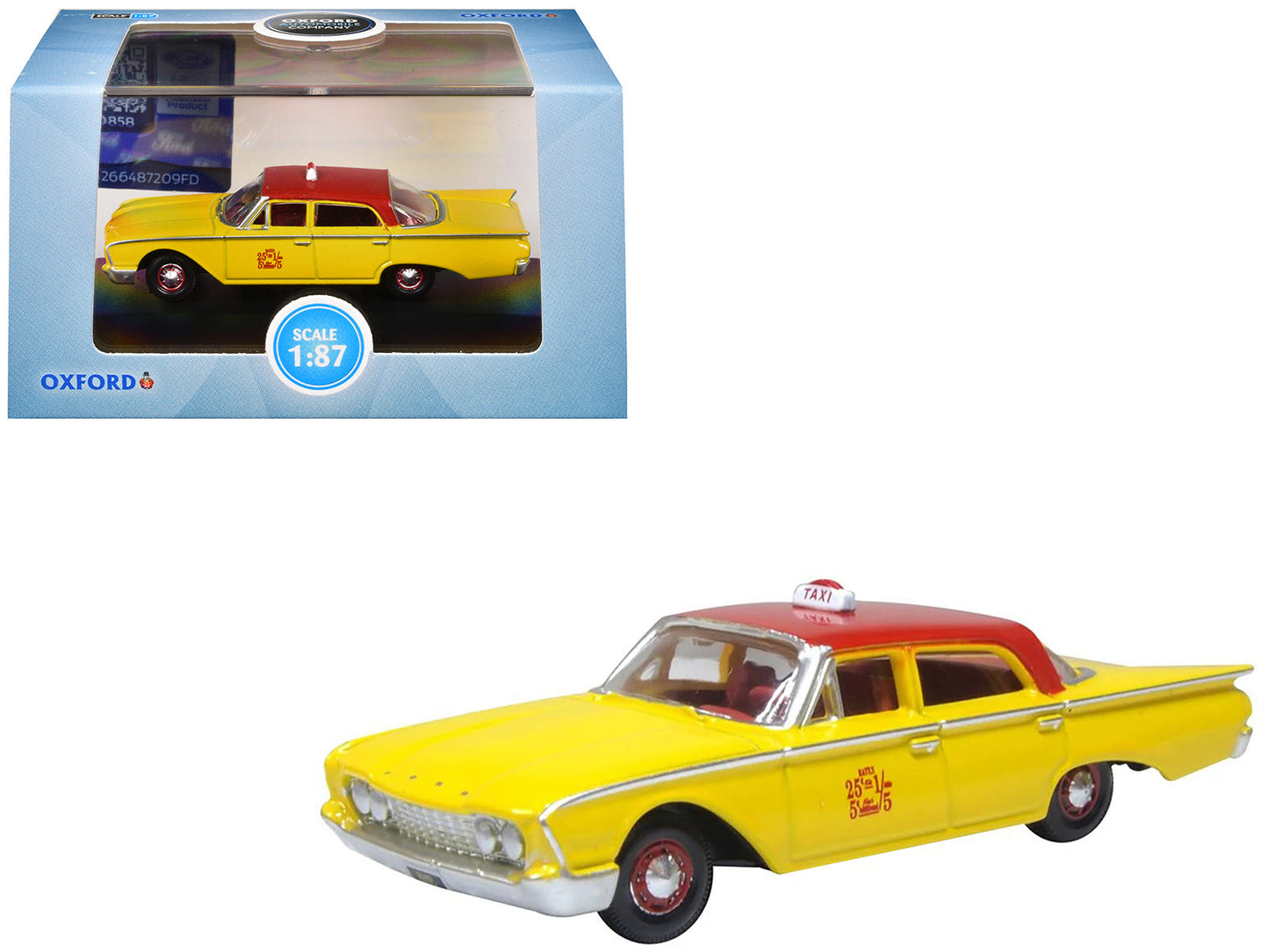 1960 Ford Fairlane Sedan "NYC Taxi" Yellow with Red Top and Interior 1/87 (HO) Scale Diecast Model Car