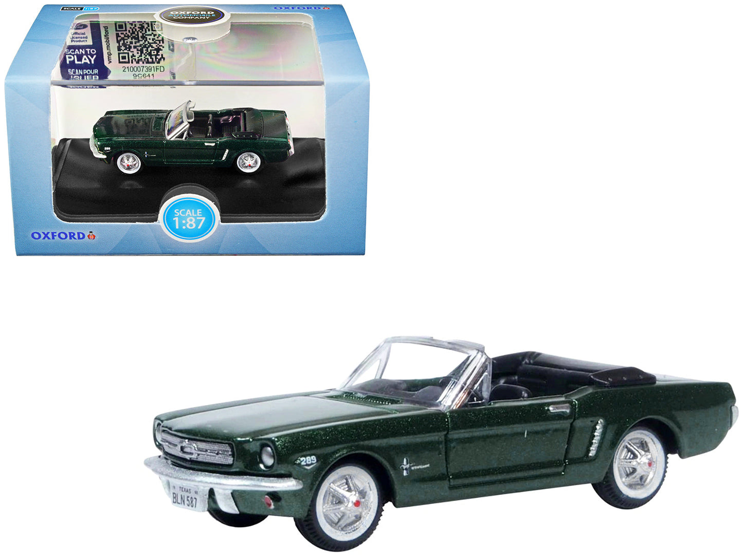 1965 Ford Mustang Convertible Ivy Green Metallic 1/87 (HO) Scale Diecast Model Car