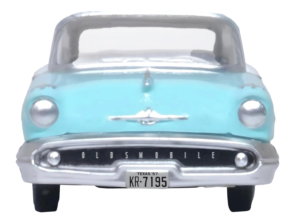1957 Oldsmobile 88 Convertible (Top-Up) Banff Blue and Alcan White with White 1/87 (HO) Scale Diecast Model Car