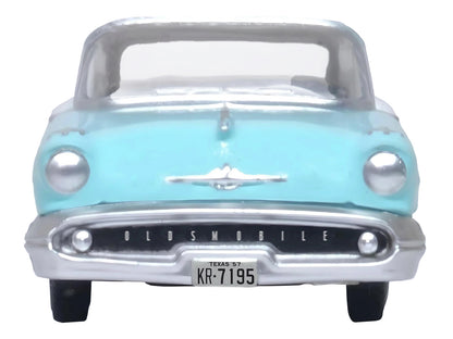 1957 Oldsmobile 88 Convertible (Top-Up) Banff Blue and Alcan White with White 1/87 (HO) Scale Diecast Model Car