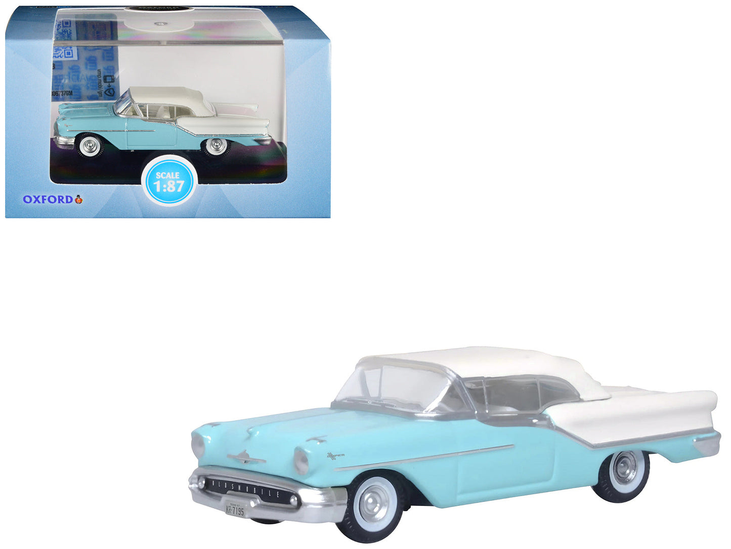 1957 Oldsmobile 88 Convertible (Top-Up) Banff Blue and Alcan White with White 1/87 (HO) Scale Diecast Model Car
