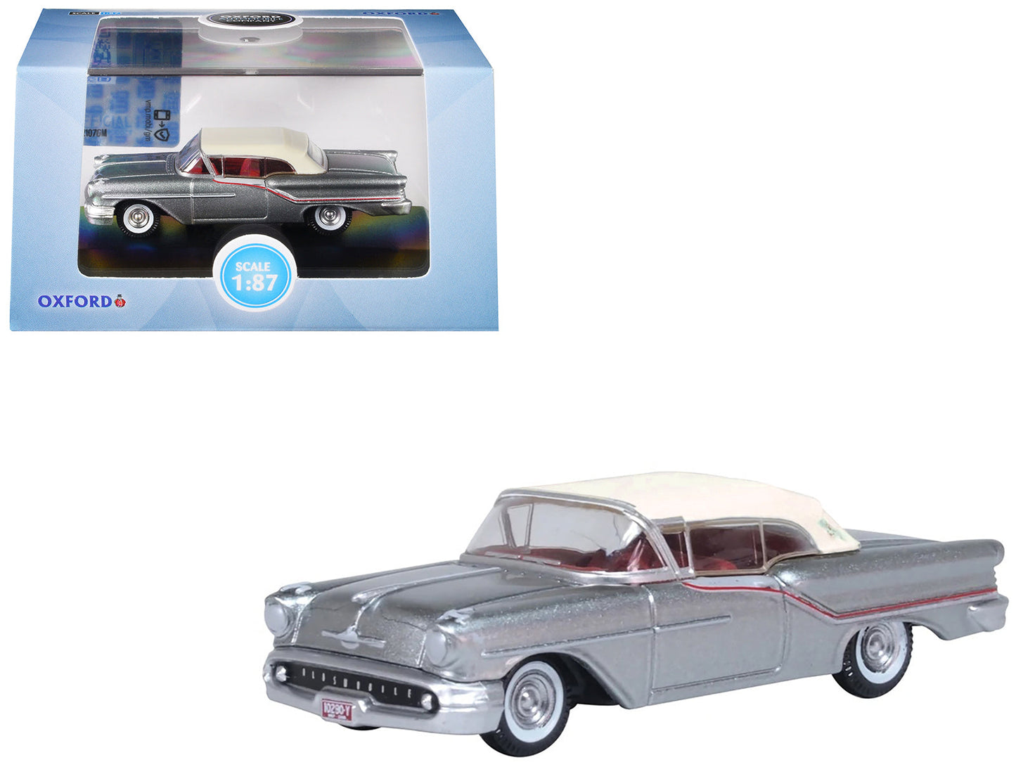 1957 Oldsmobile 88 Convertible (Top-Up) Juneau Gray with White Top and Red Interior 1/87 (HO) Scale Diecast Model Car