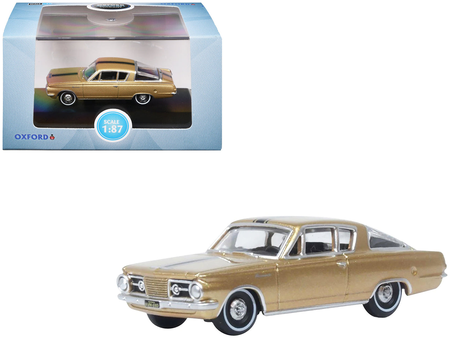 1965 Plymouth Barracuda Gold Metallic with Black Stripes 1/87 (HO) Scale Diecast Model Car