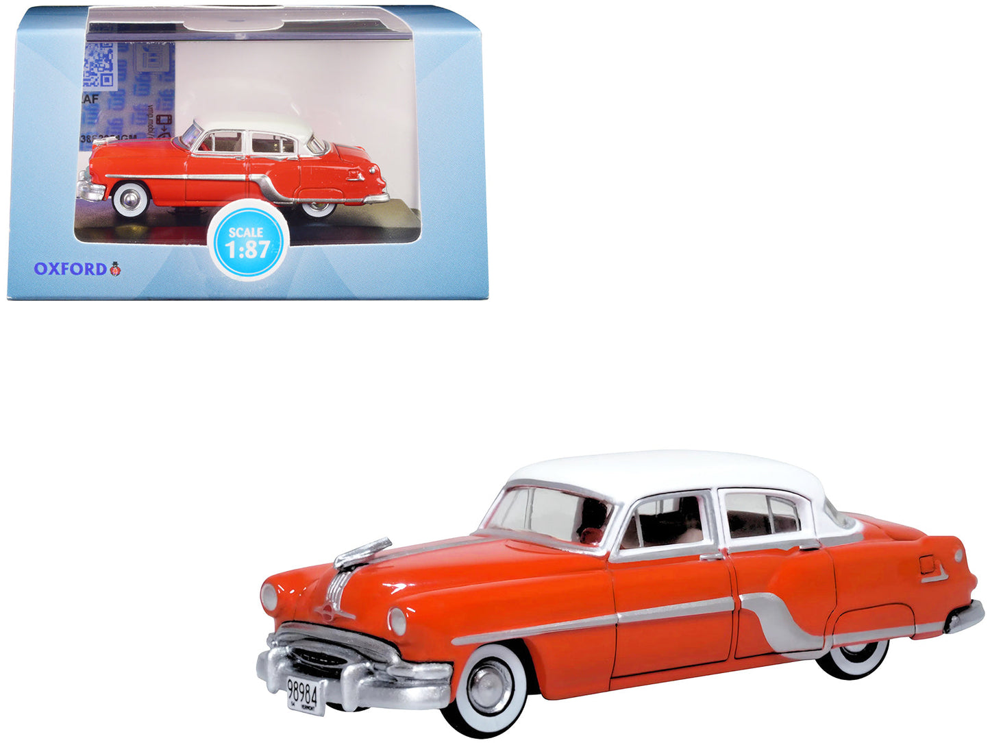 1954 Pontiac Chieftain 4 Door Coral Red with Winter White Top 1/87 (HO) Scale Diecast Model Car