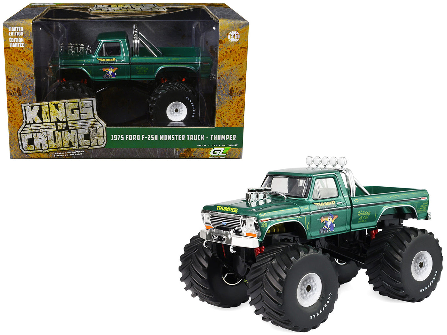 1975 Ford F-250 Monster Truck with 66-Inch Tires "Thumper" Green Metallic "Kings of Crunch" Series 1/43 Diecast Model Car