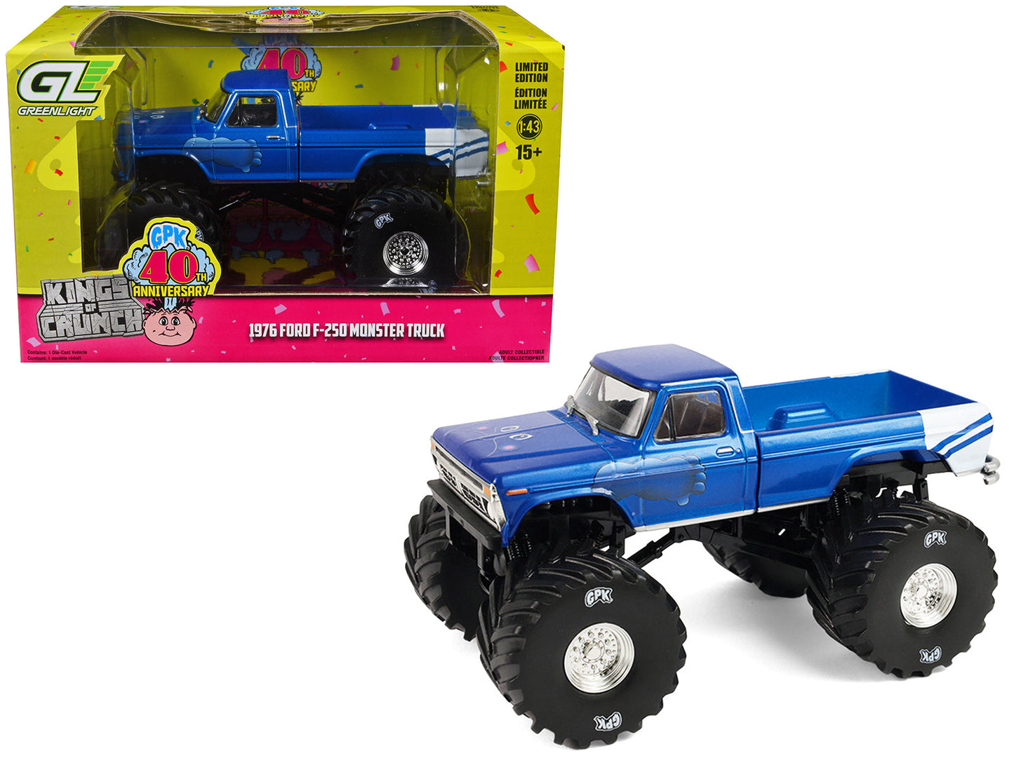 1976 Ford F-250 Monster Truck "Garbage Pail Kids 40th Anniversary - Buck Truck" Blue Metallic with Graphics "Kings of Crunch" Series 1/43 Diecast Model Car