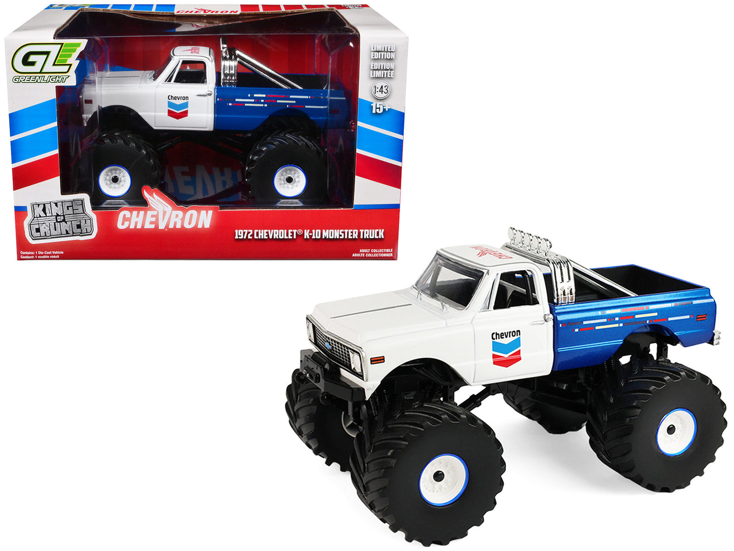 1972 Chevrolet K-10 Monster Truck "Chevron 150th Anniversary" White and Blue Metallic "Kings of Crunch" Series 1/43 Diecast Model Car