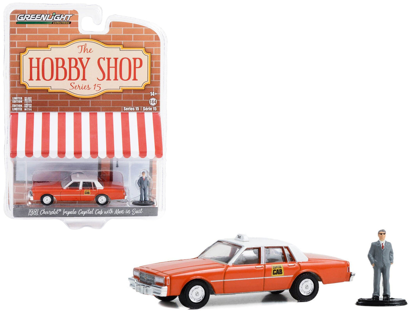 1981 Chevrolet Impala "Capitol Cab" Taxi Orange with White Top and Man in Suit Figure "The Hobby Shop" Series 15 1/64 Diecast Model Car