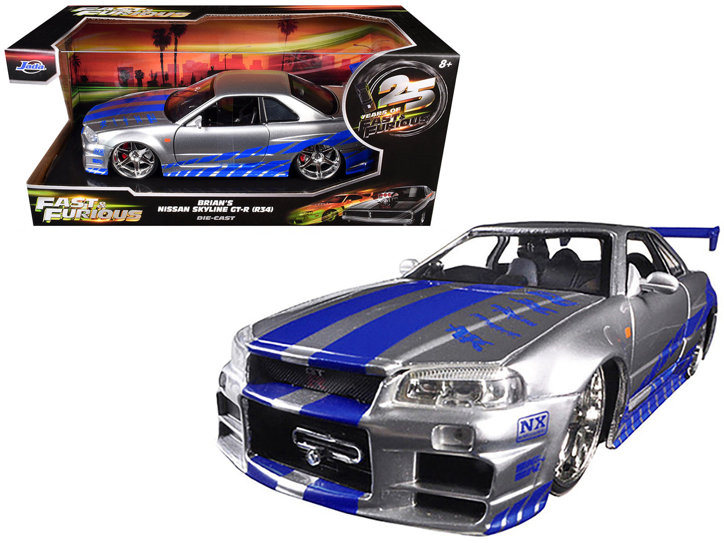Brian's Nissan GTR Skyline R34 RHD (Right Hand Drive) Silver with Blue Stripes "Fast & Furious 25th Anniversary" 1/24 Diecast Model Car