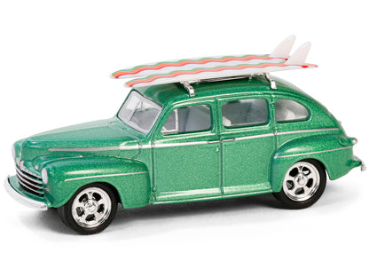 1946 Ford Fordor Super Deluxe Green Metallic with White Interior and Roof Rack with Surfboards "The Hobby Shop" Series 16 1/64 Diecast Model Car