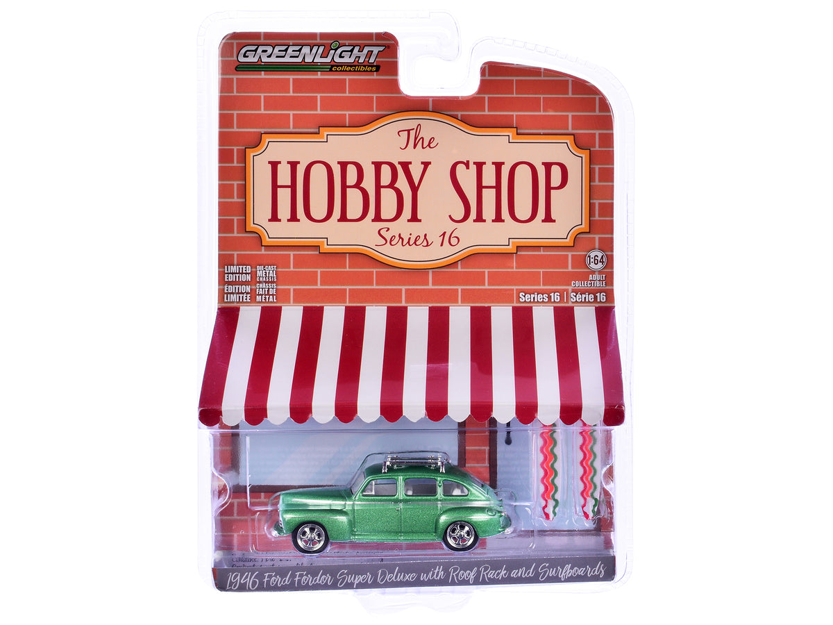 1946 Ford Fordor Super Deluxe Green Metallic with White Interior and Roof Rack with Surfboards "The Hobby Shop" Series 16 1/64 Diecast Model Car