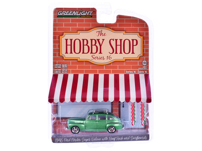 1946 Ford Fordor Super Deluxe Green Metallic with White Interior and Roof Rack with Surfboards "The Hobby Shop" Series 16 1/64 Diecast Model Car